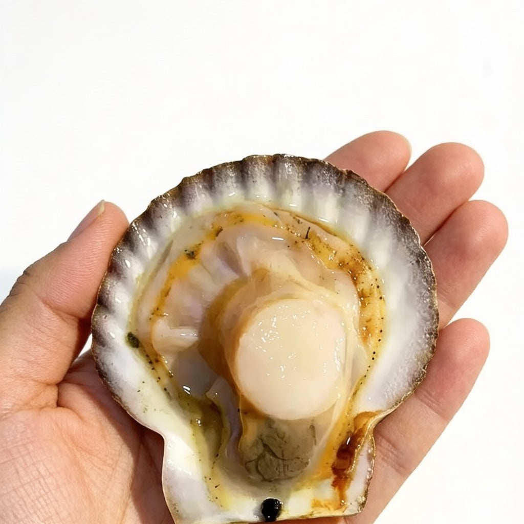 A hand holding a single scallop in its shell, showing the round white muscle