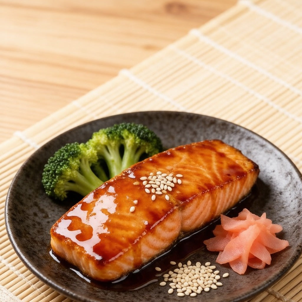 Teriyaki-glazed salmon on a dark plate with broccoli and sesame seeds