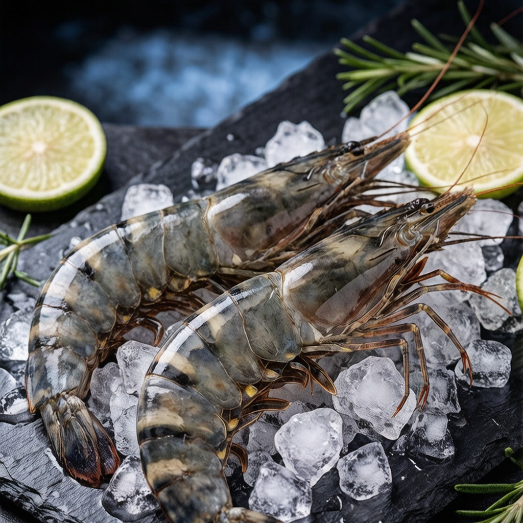 Raw tiger prawns arranged on crushed ice with lime wedges and rosemary