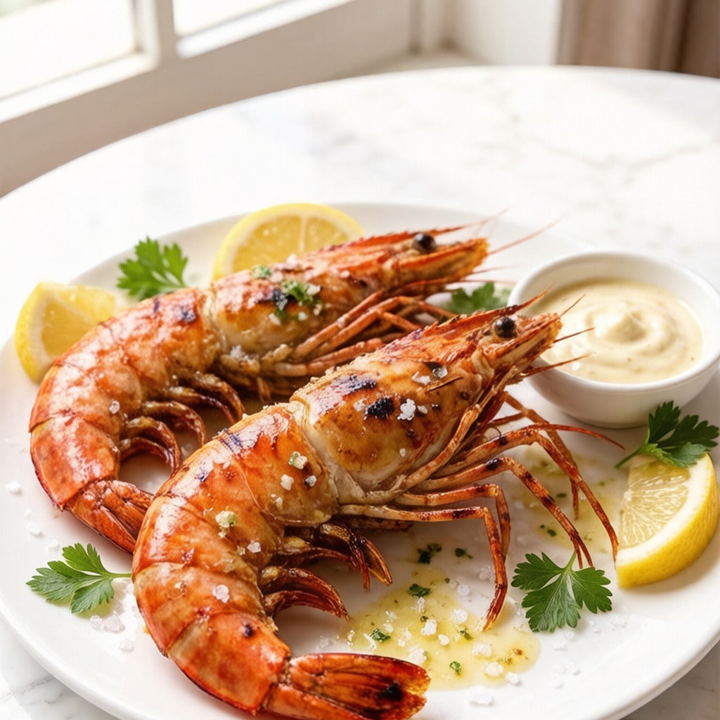 Two grilled tiger prawns on a white plate with lemon and a dipping sauce