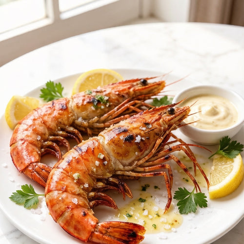 Two grilled tiger prawns on a white plate with lemon and a dipping sauce