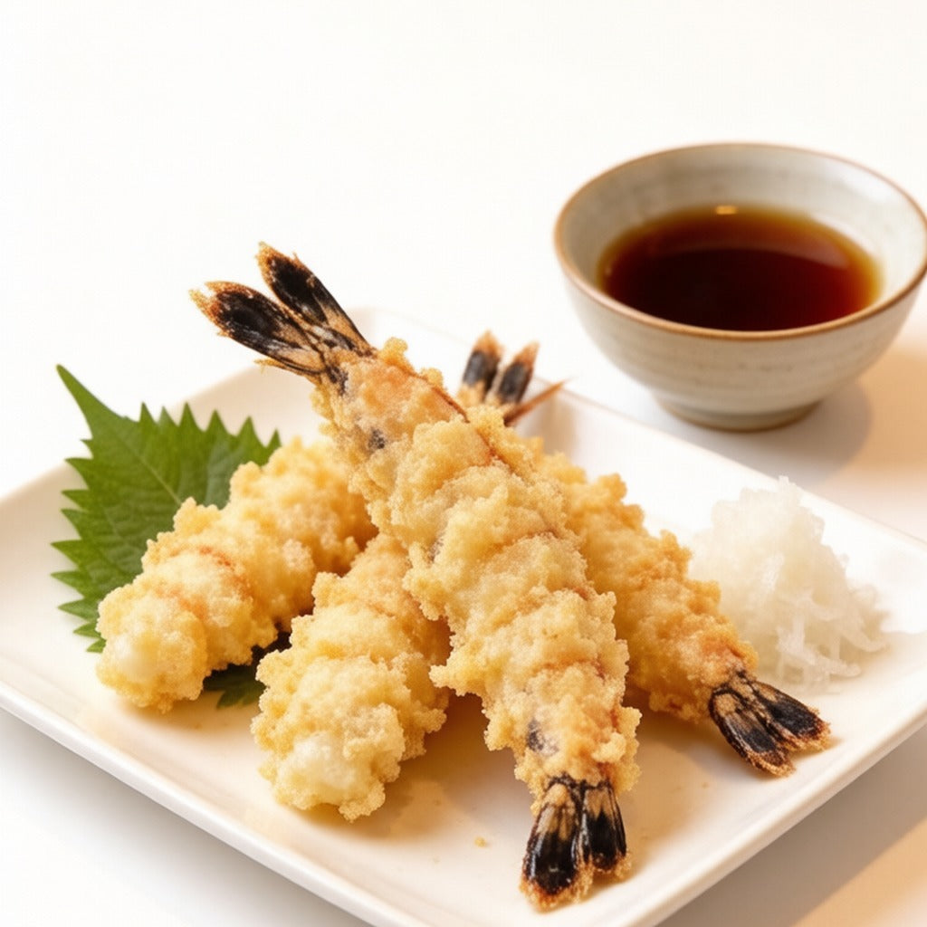 Tempura-battered prawns on a square plate with dipping sauce and grated daikon