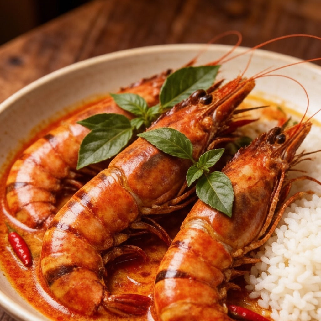 Prawns in a red coconut curry with basil, served beside steamed rice