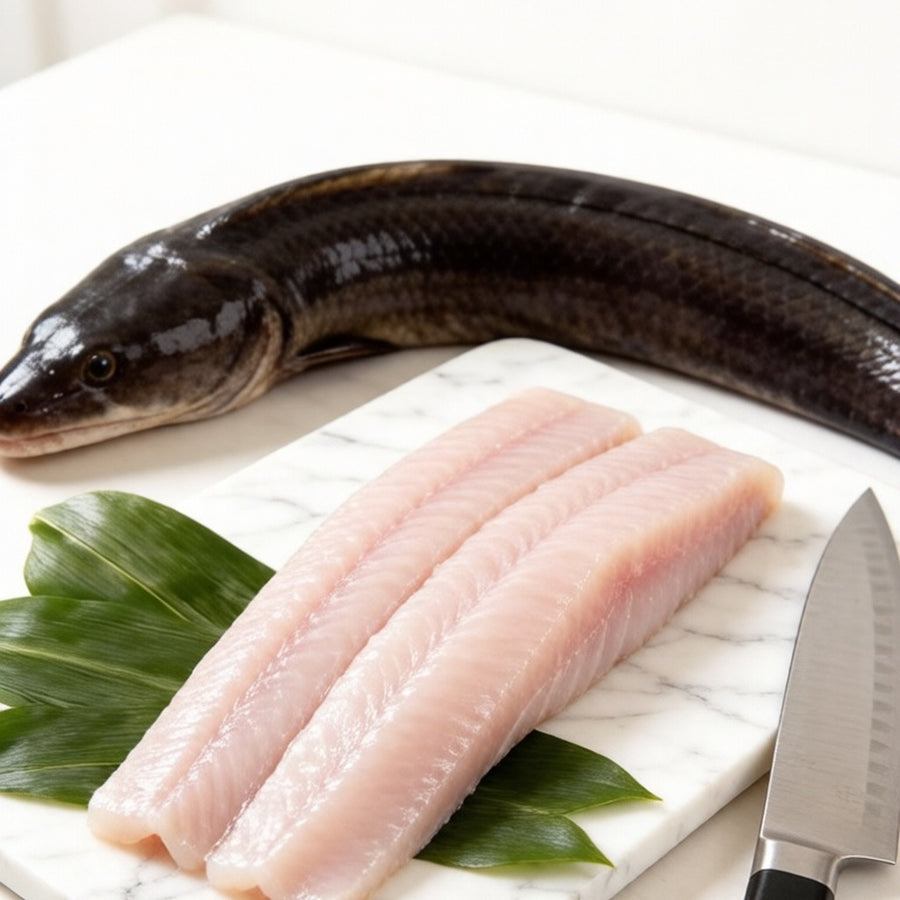 Raw eel fillets on a white plate with shiso leaves beside a filleting knife