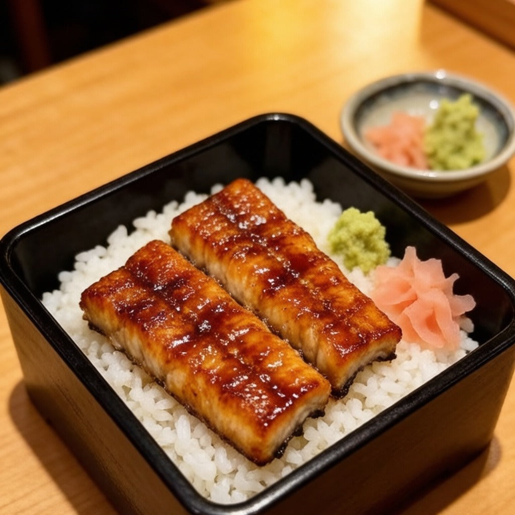 Glazed grilled eel over rice in a lacquered box with pickled ginger and wasabi