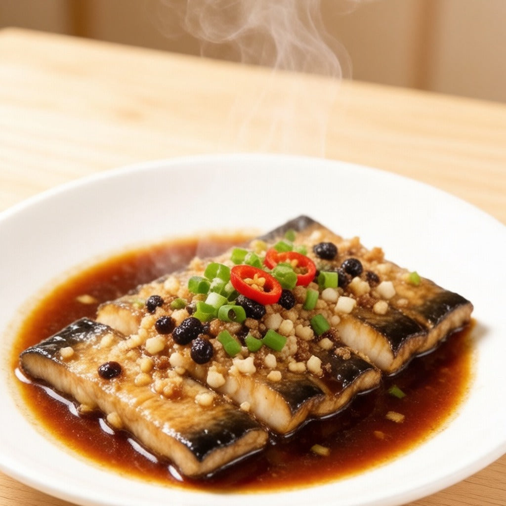Steamed eel with black bean sauce, spring onion and chilli on a white plate