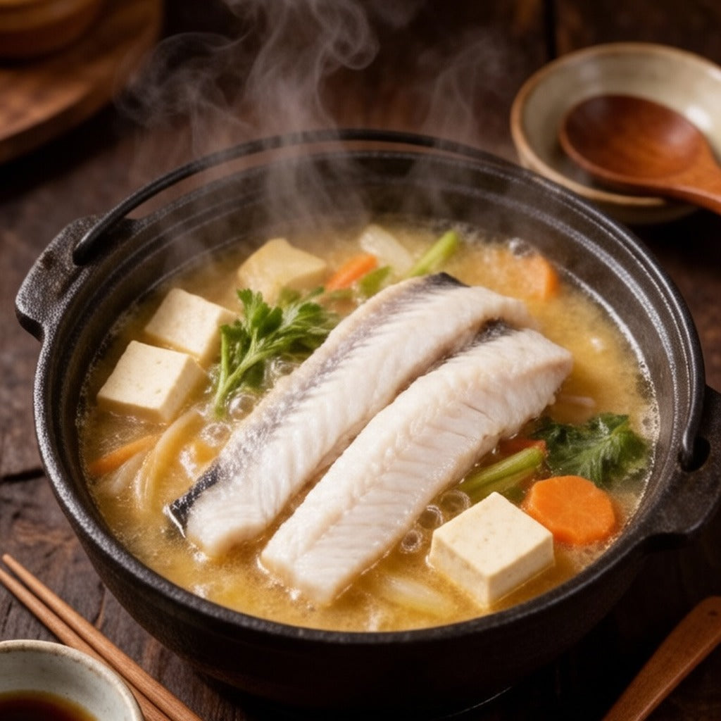 Eel slices simmering in a hot pot with tofu and leafy greens