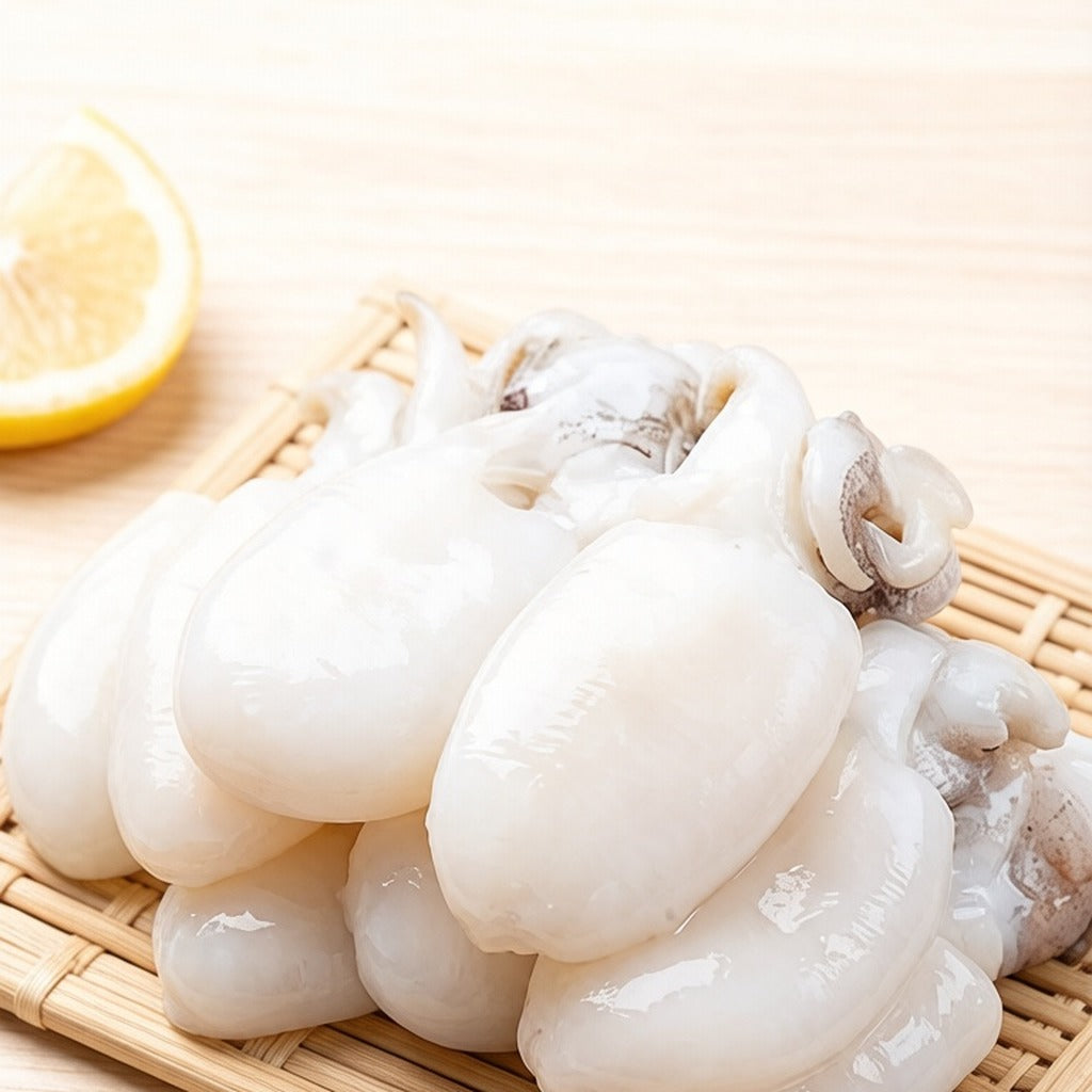 A pile of cleaned white baby cuttlefish on a bamboo mat with lemon