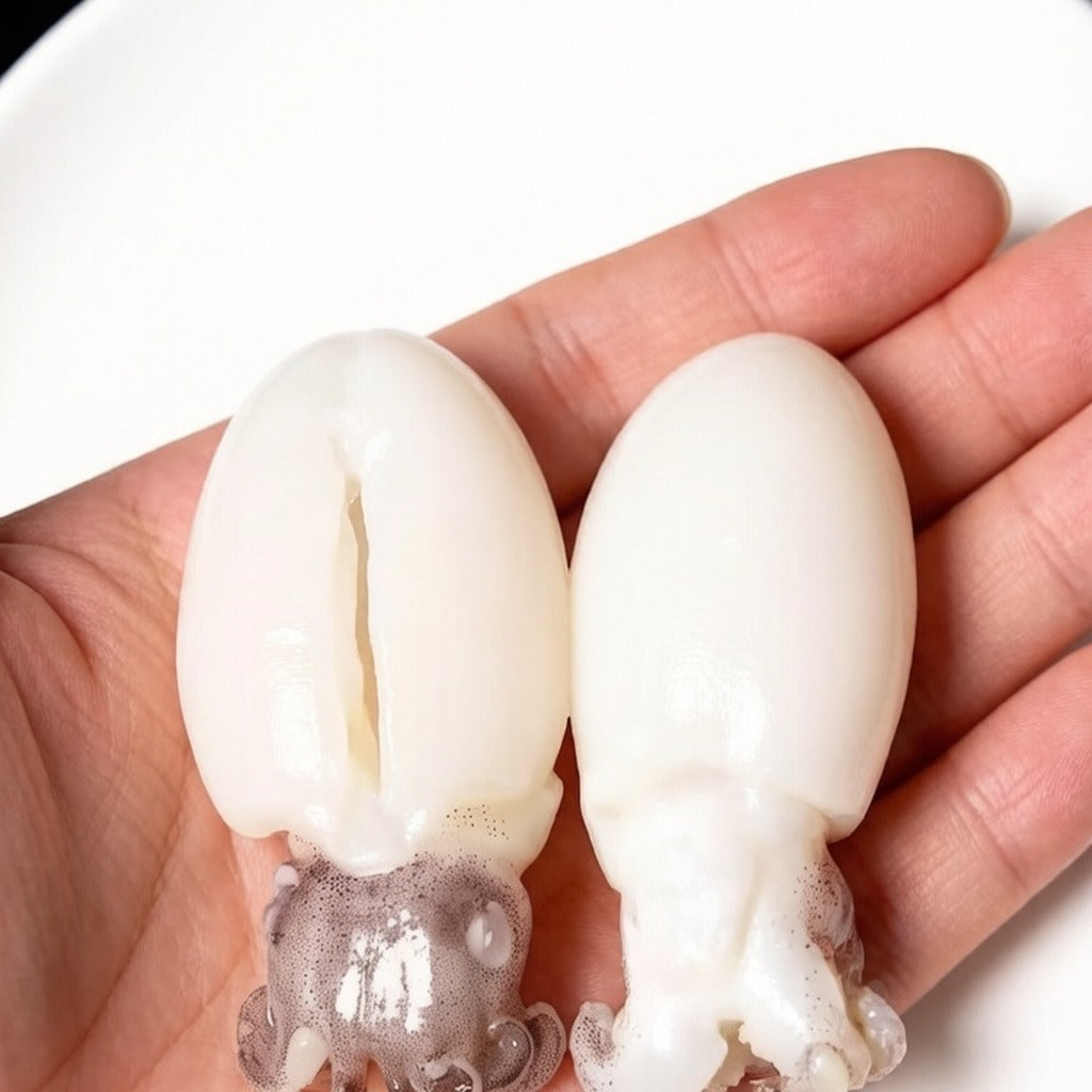 A hand holding two whole cleaned baby cuttlefish