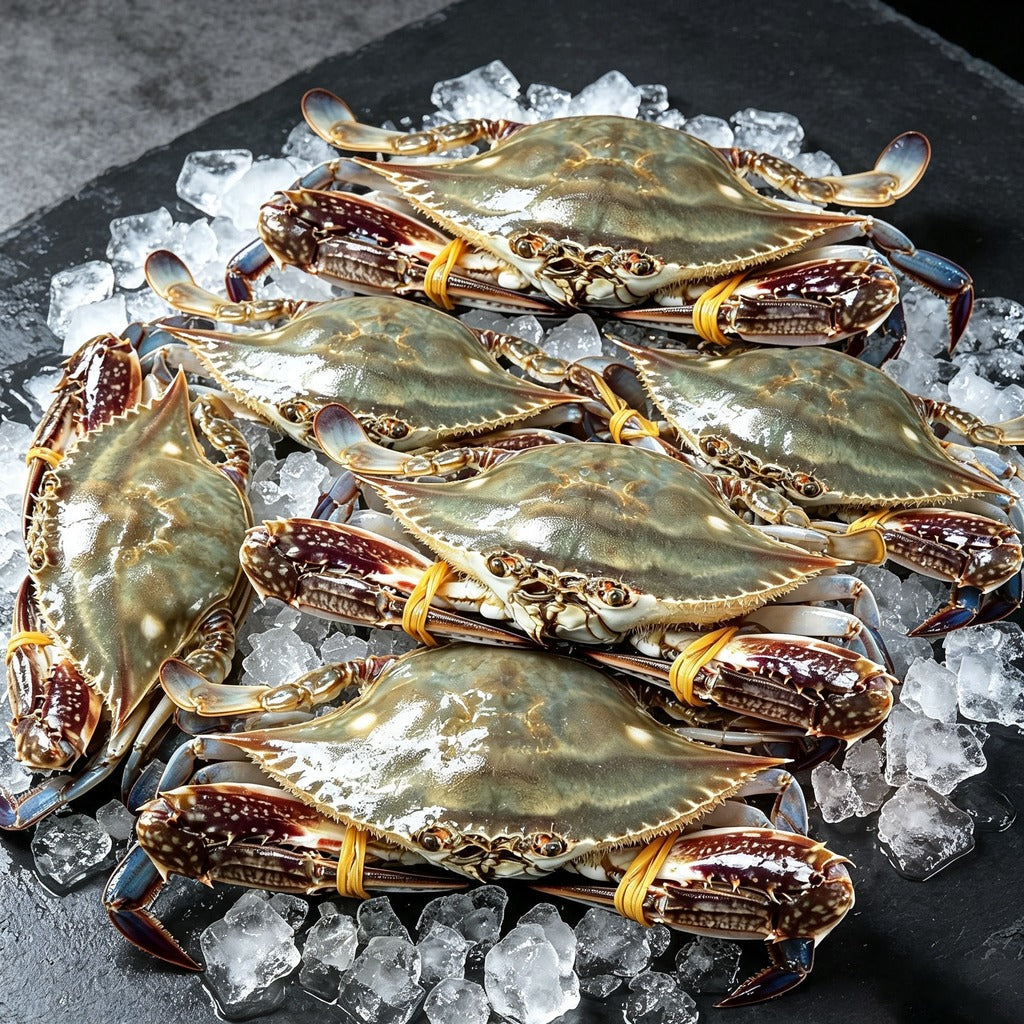 Whole swimming crabs laid out on crushed ice with their claws tied