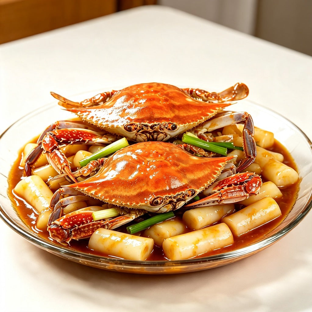 Swimming crab stir-fried with rice cakes and spring onion in a clay bowl