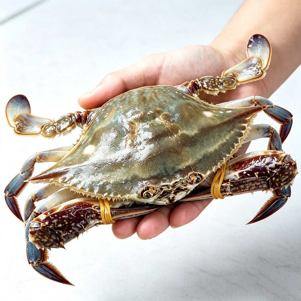 A live swimming crab held up by hand, showing its mottled blue-green shell