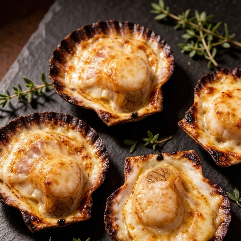 Garlic-butter scallops in their shells on a dark slate with thyme
