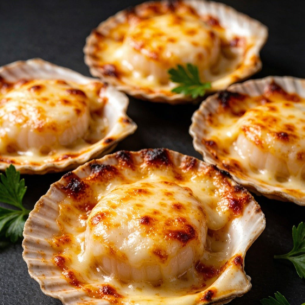 Scallops in shell topped with golden melted cheese