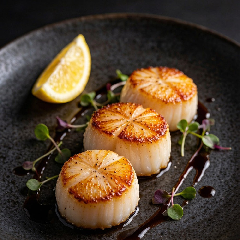 Three seared scallop medallions on a dark plate with a lemon wedge