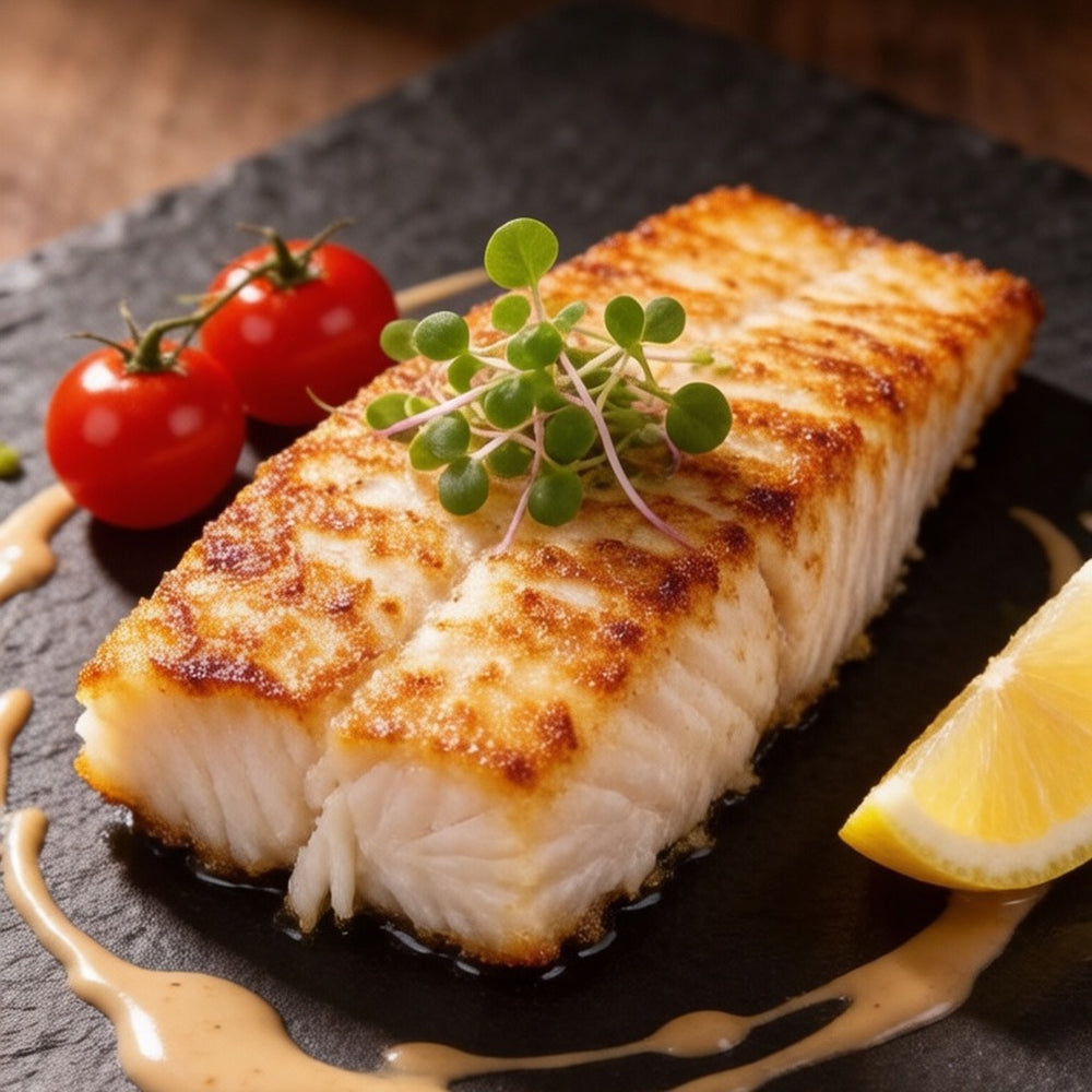 Pan-seared sea bass fillet in a creamy sauce with baby tomatoes and lemon