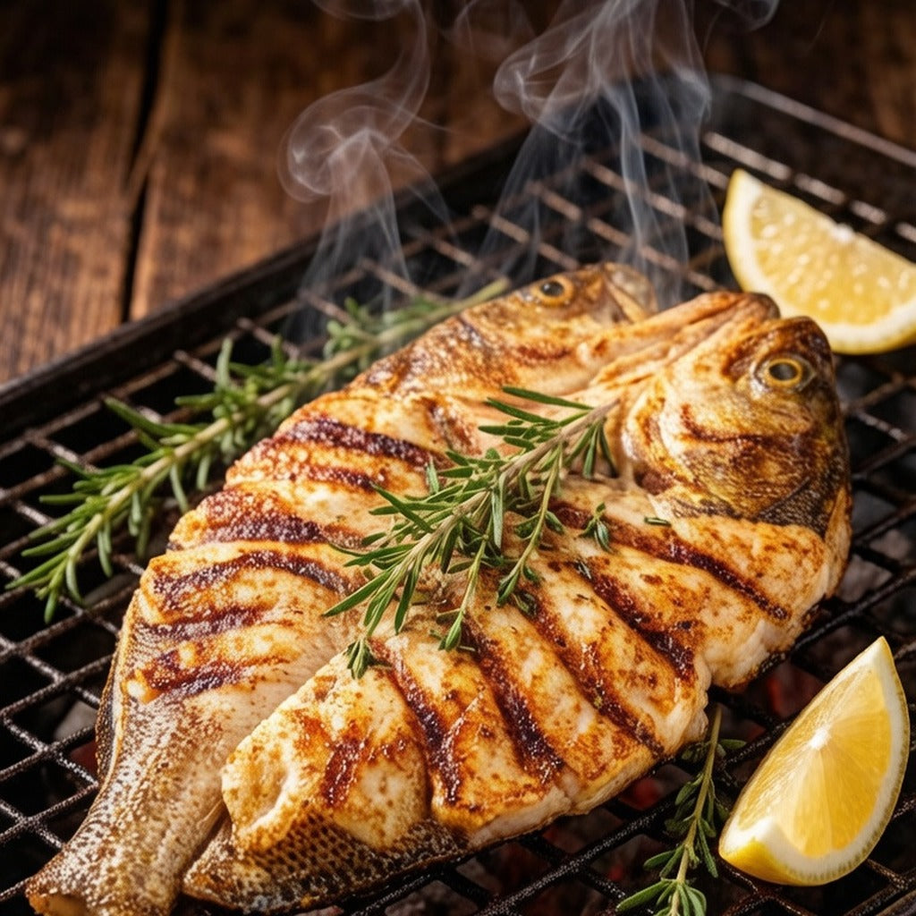 Grilled whole sea bass on a rack with rosemary and half a lemon