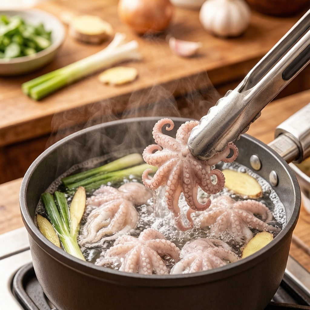 Small octopus being lowered into a pot of simmering water with tongs