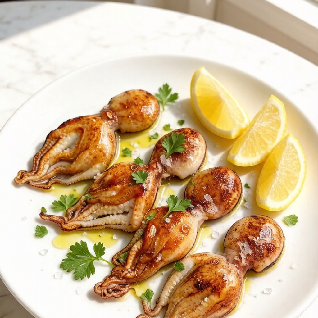 Grilled small octopus on a white plate with lemon wedges and parsley