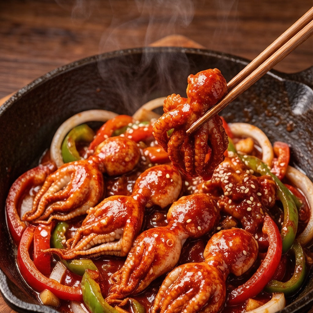 Korean-style spicy stir-fried octopus with peppers and sesame seeds