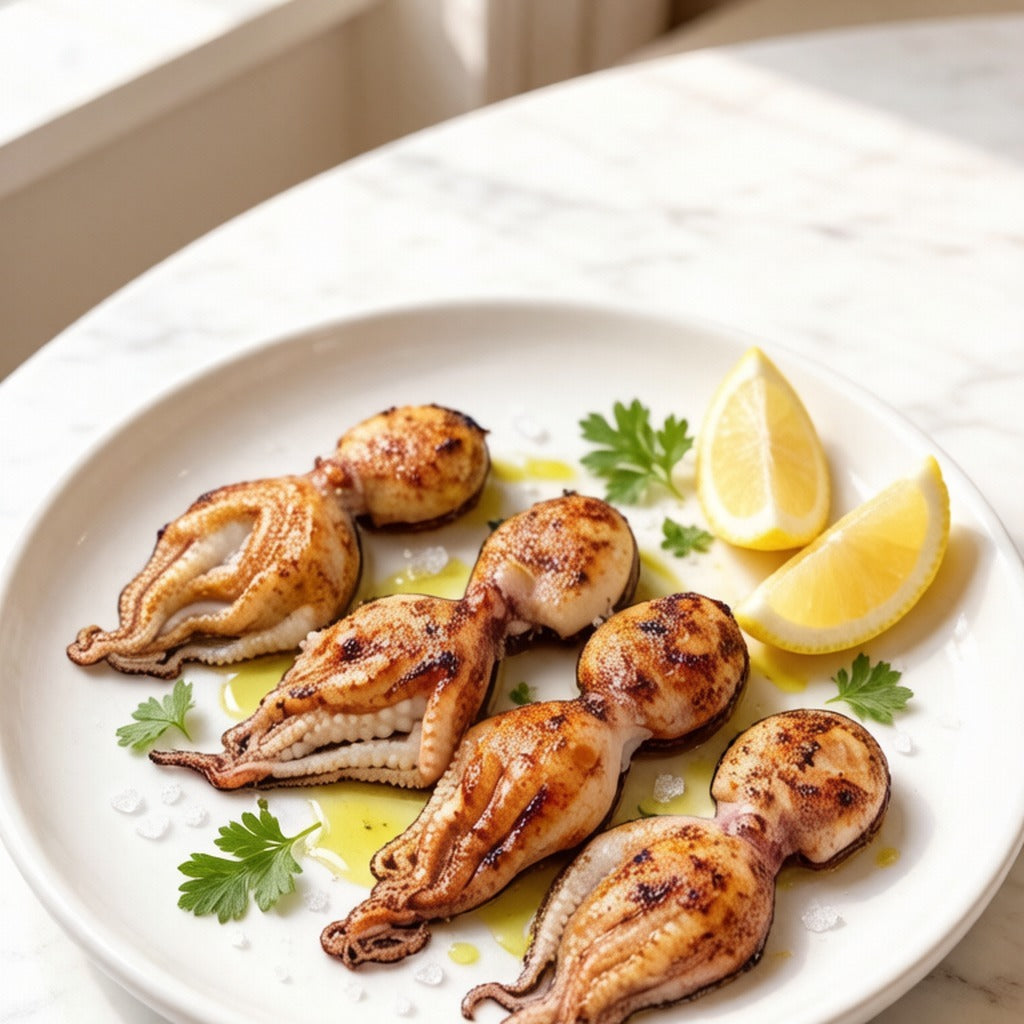 Cooked octopus pieces on ice with lemon and fresh herbs
